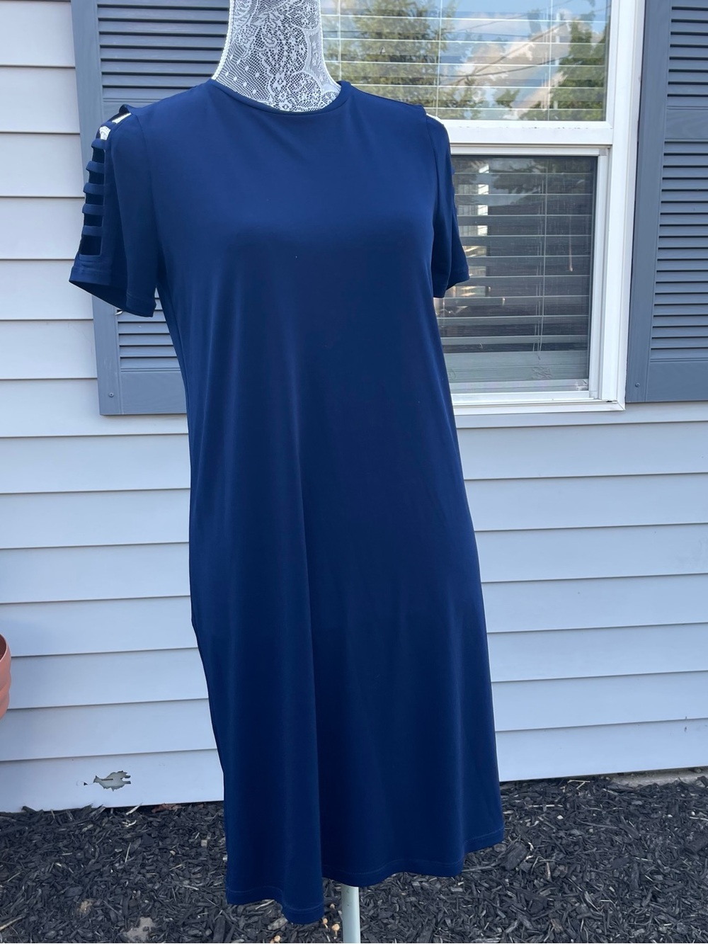 MICHAEL Michael Kors Navy Short-Sleeve Midi Shift Dress with Ladder-Slit Sleeves